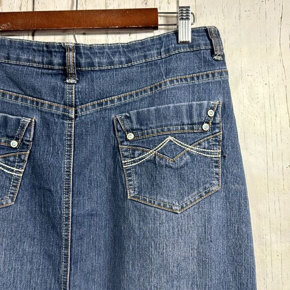 Vintage No Fuze Denim Maxi Skirt Western Turquoise Button Y2K Modest Boho Retro - Picture 12 of 16